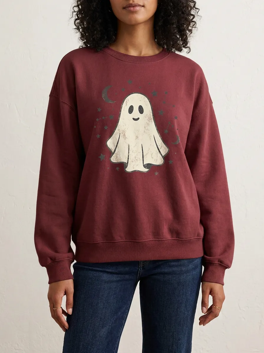 Women's Halloween Ghost Celestial Moon Stars Printed Sweatshirt