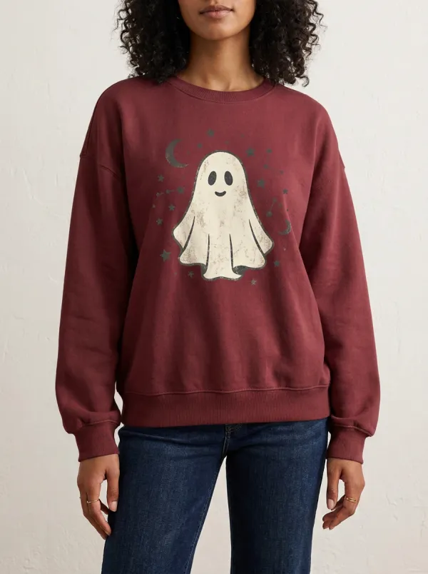 Women's Halloween Ghost Celestial Moon Stars Printed Sweatshirt