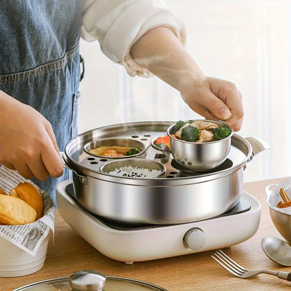 Versatile Stainless Steel Meal Warmer with Removable Bowls, Home Kitchen Helper for Multi-Dish Serving