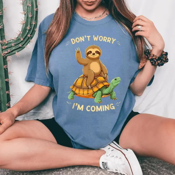 Sloth Riding Turtle Don't Worry I'm Coming Distressed Women's Oversized Comfort T-Shirt