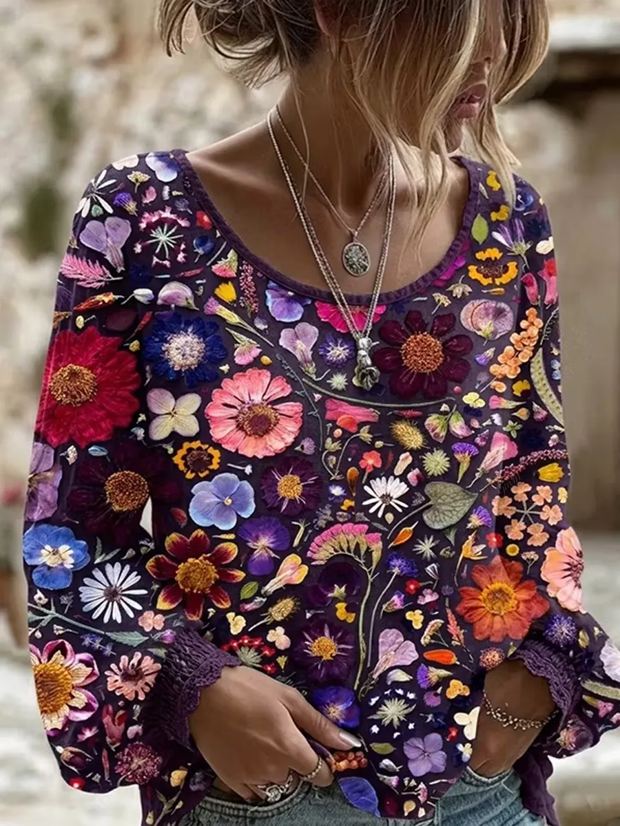 Women'S Floral Pattern Casual Long-Sleeve T-Shirt