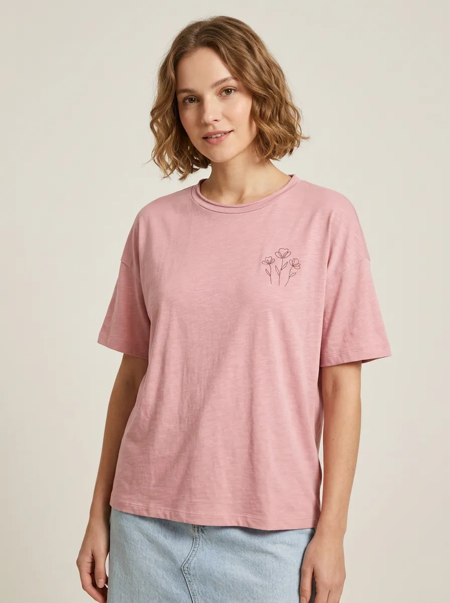 Women's Minimalist Floral Line Art Printed Pink T-shirt