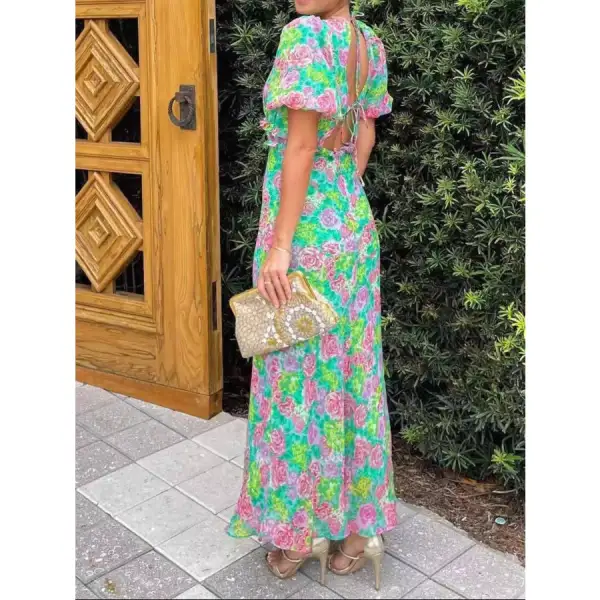 V-Neck Puff Sleeve Midi Dress