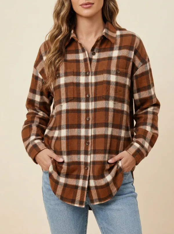Layered Printed Plaid Checkered Plaid Long-Sleeve Shirt