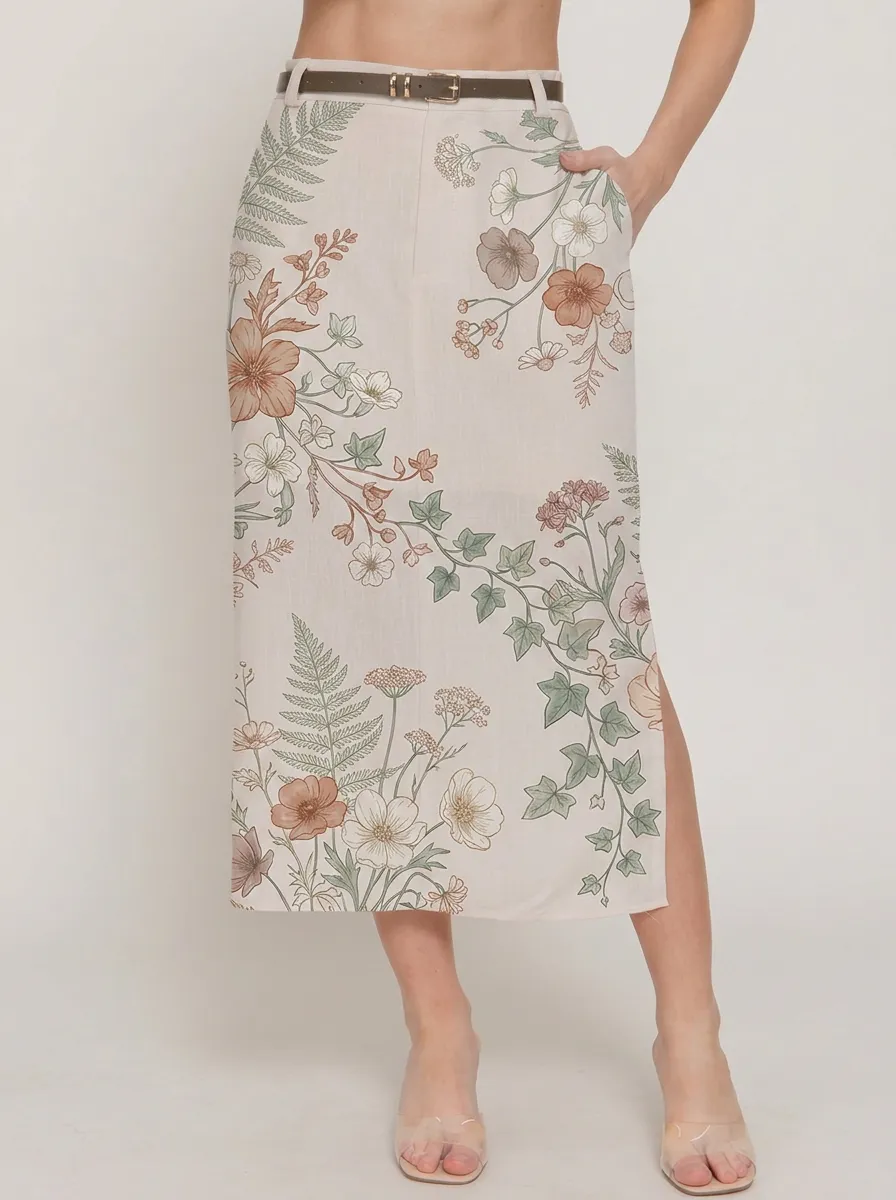 Women's Belt-Loop Botanical Garden Floral Fern Printed Midi Skirt