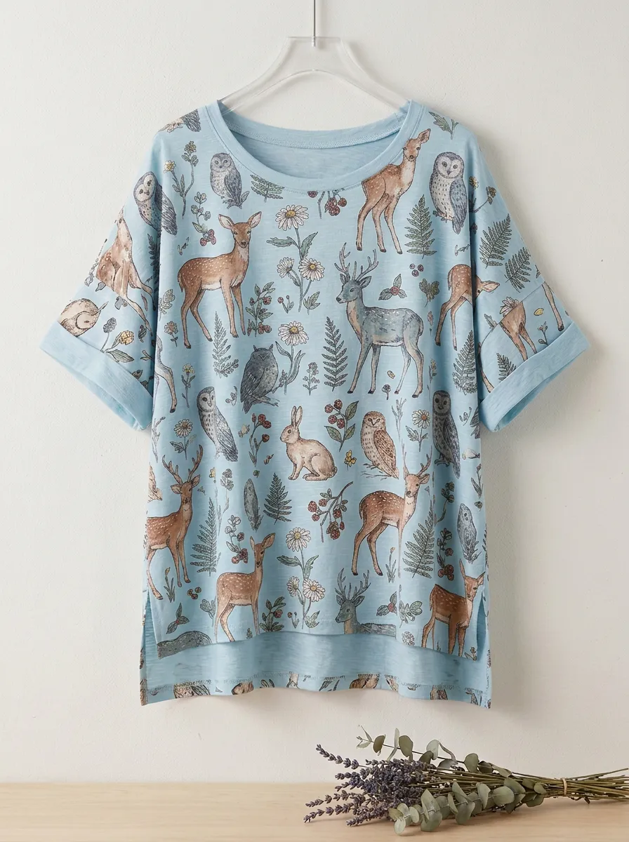 Rabbit Owl Deer Women's Loose Printed T-Shirt