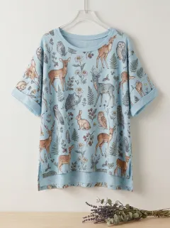 Rabbit Owl Deer Women's Loose Printed T-Shirt