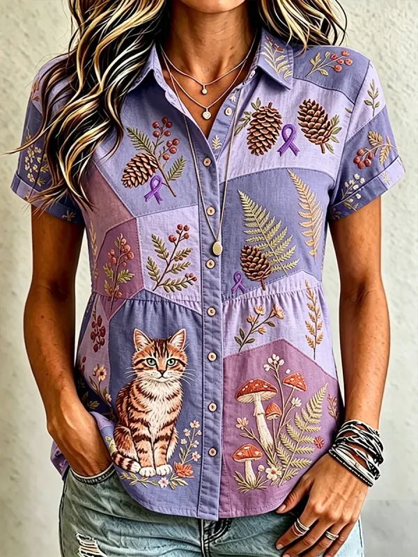 Women's  Casual Floral Cat Printed  Shirt