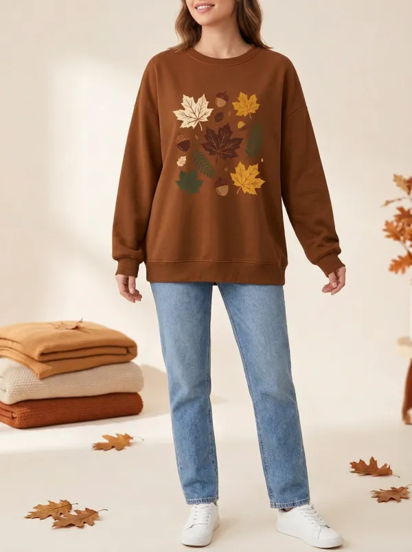 Relaxed Motif Maple-Leaf Printed Acorn Graphic Sweatshirt