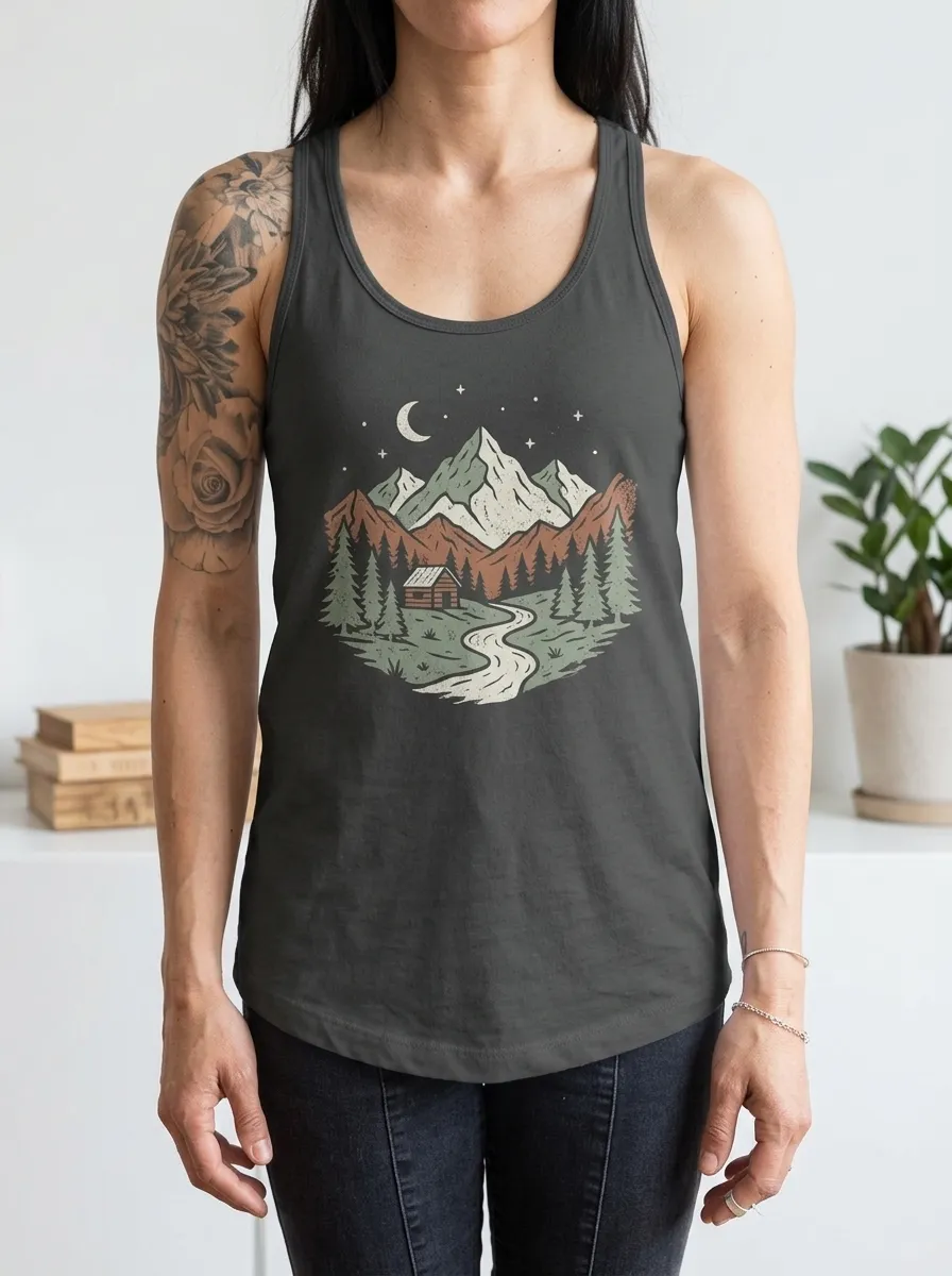 Women's Nature Lover Mountain Cabin Forest Printed Tank Top
