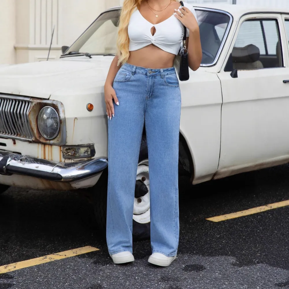 High Waist Wide Leg Washed Denim Jeans