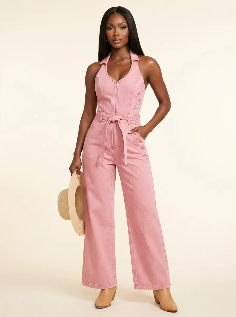 Pink Modern Floral Embroidered Zip-Front Denim Jumpsuit