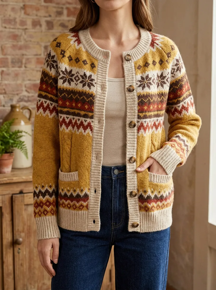 Women's Winter Nordic Snowflake Pattern Printed Patch Pocket Casual Layering Cardigan