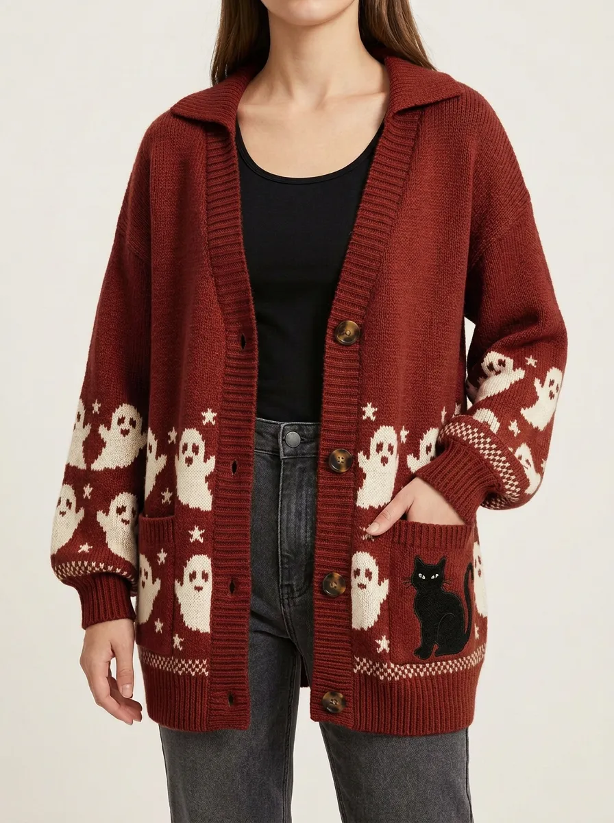 Women's Halloween Ghost Black Cat Patterned Knit Cardigan