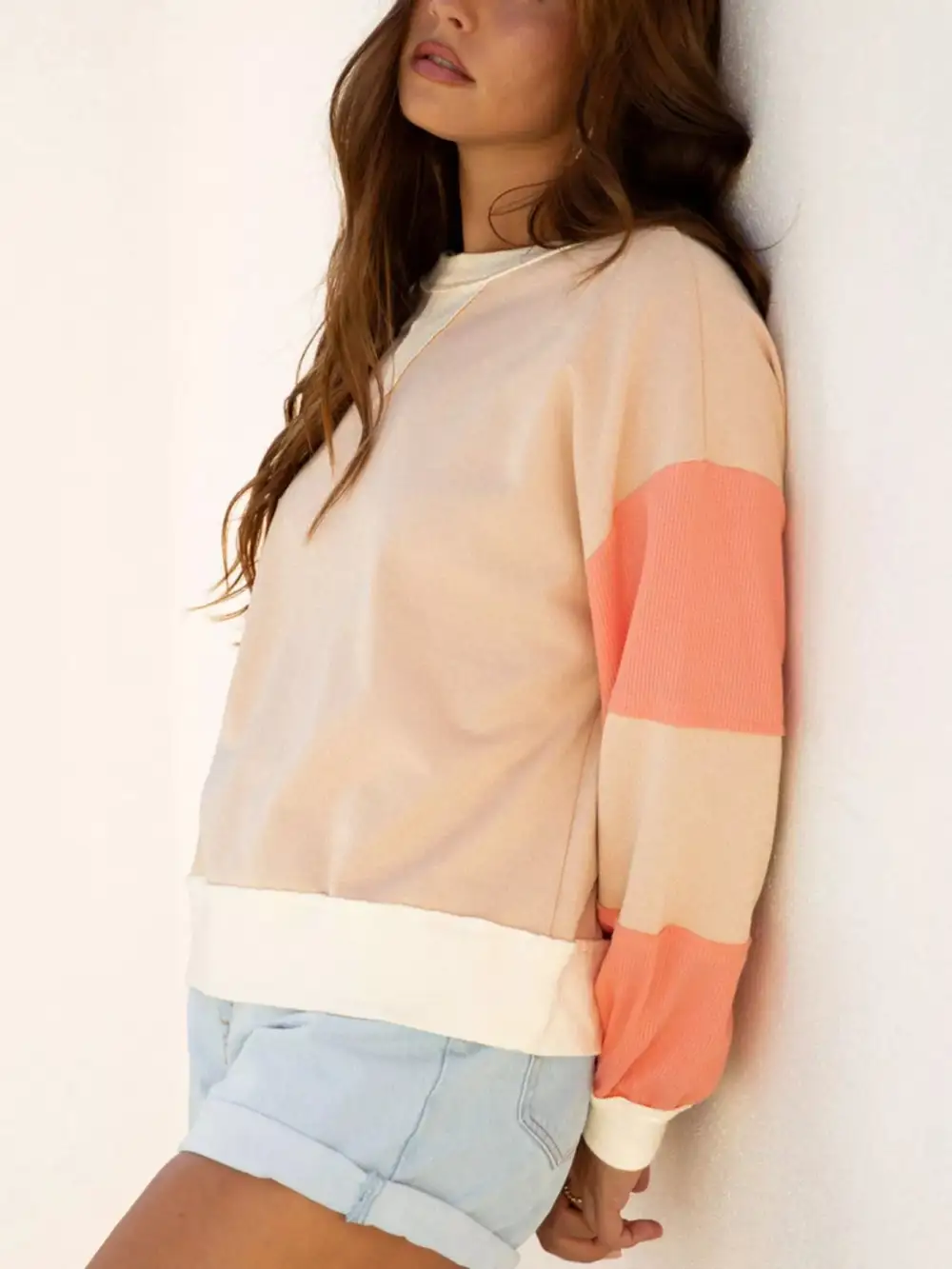 Waffle Knit Textured Color Block Sweatshirt