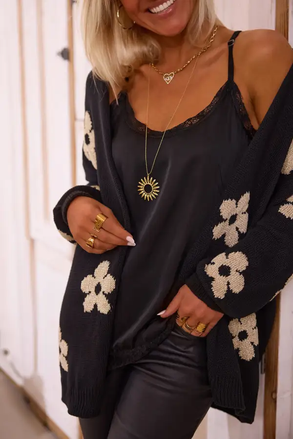Floral Print Knit Open Front Loose Cardigan