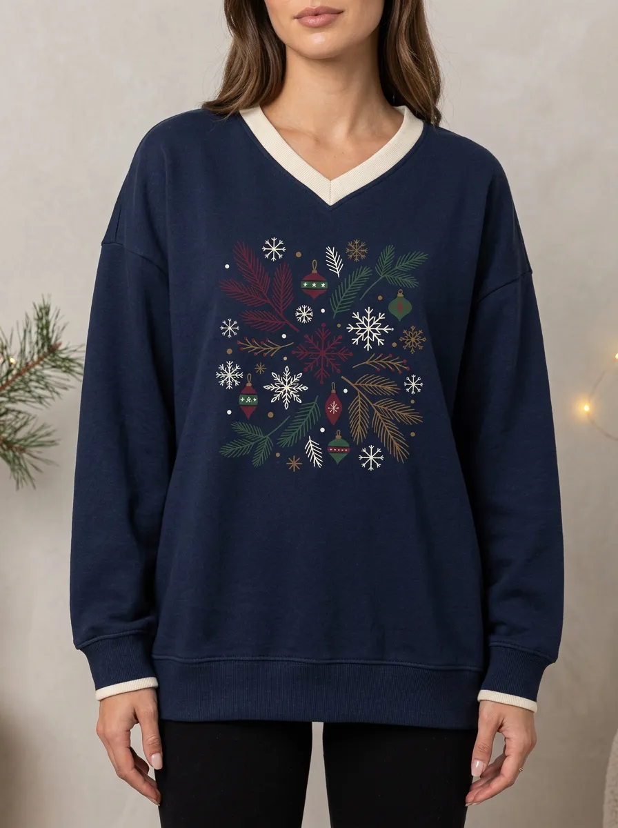 Christmas Holiday Snowflake Pine Branch Print Sweatshirt