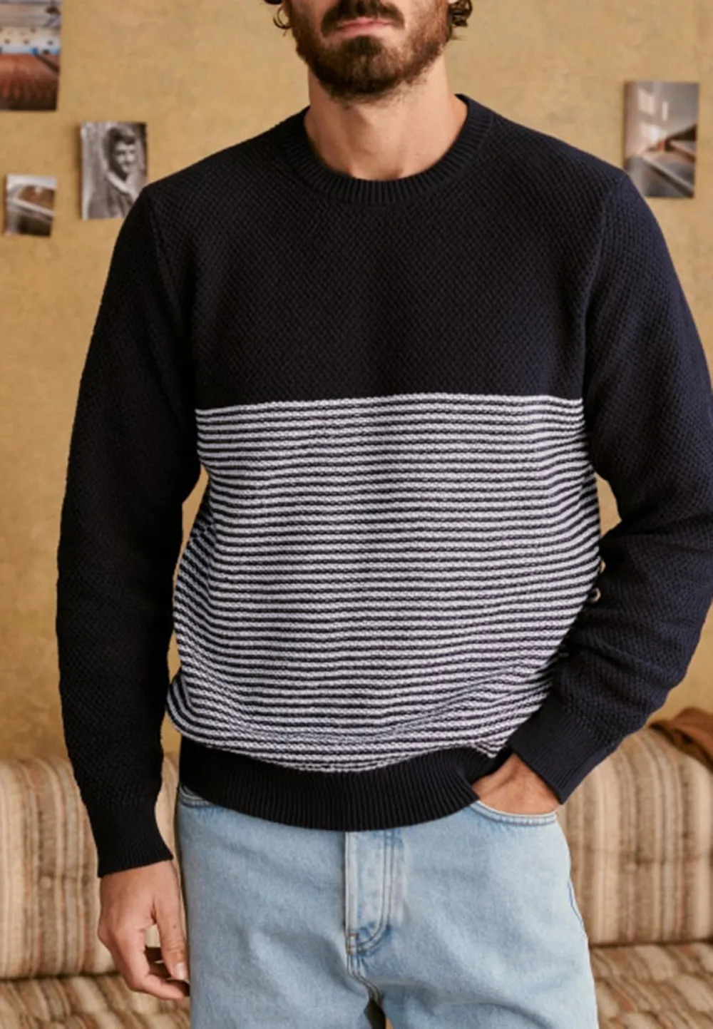 Navy Ecru Stripe Color Block Sweater
