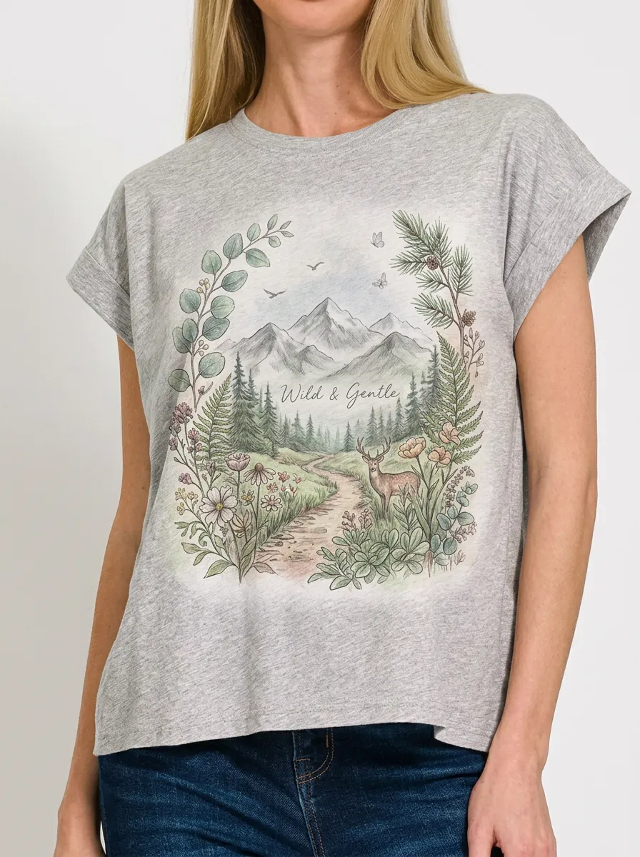 Women's Nature Lover Wild & Gentle Deer Mountain Printed T-shirt