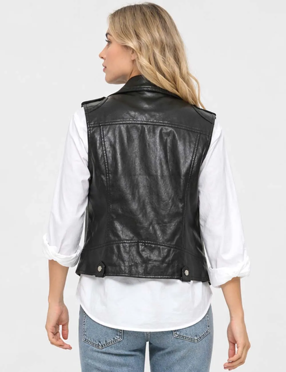 Faux Leather Notched Collar Zip Up Sleeveless Vest