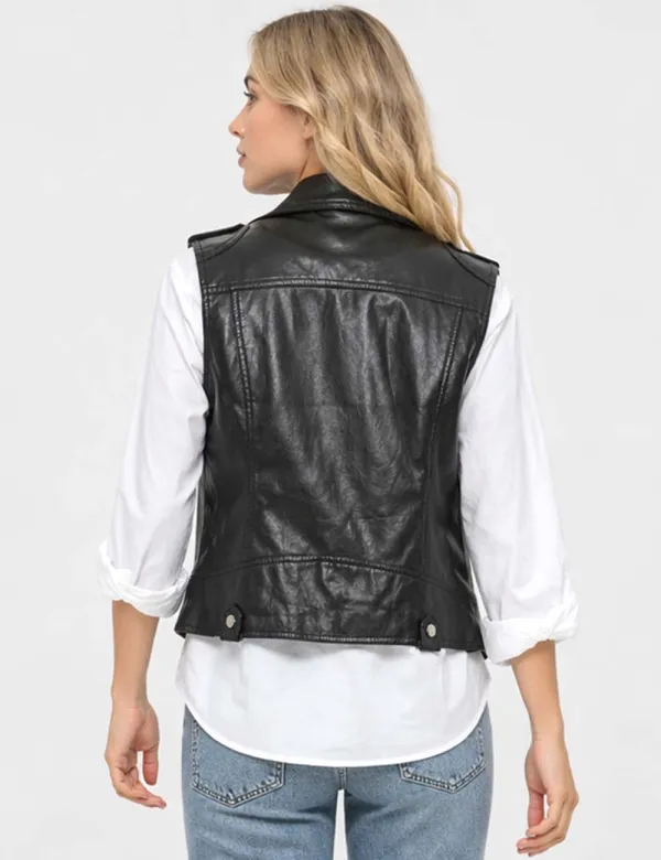 Faux Leather Notched Collar Zip Up Sleeveless Vest