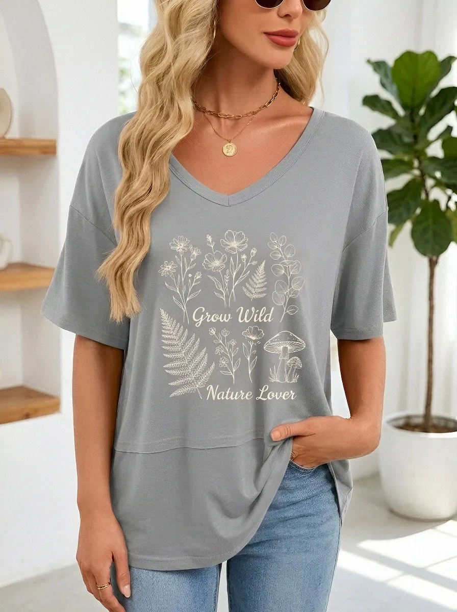 Women's Nature Lover Grow Wild Mushroom Floral Printed T-shirt