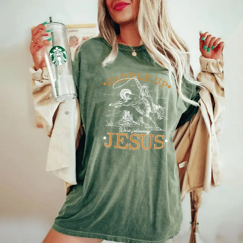 Saddle Up We're Following Jesus Retro Christian Western Women's Oversized Comfort T-Shirt