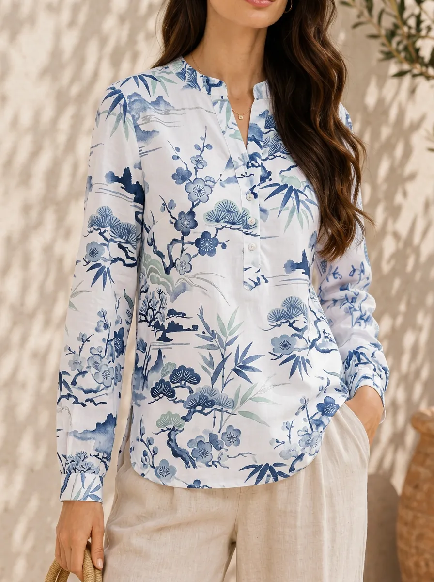 Women's Oriental Floral Bamboo Printed V-Neck Long Sleeve Shirt