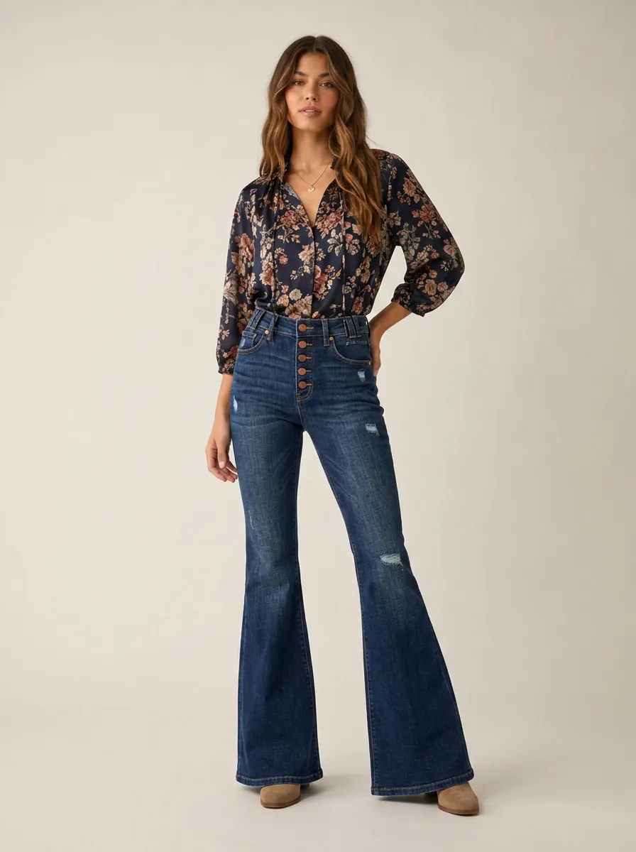 Women's High-Rise Distressed Button-Fly Flare Denim Jeans