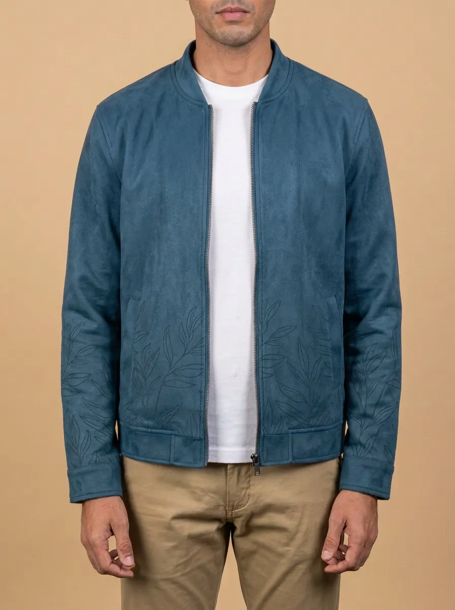 Botanical Leaf Suede Bomber Jacket