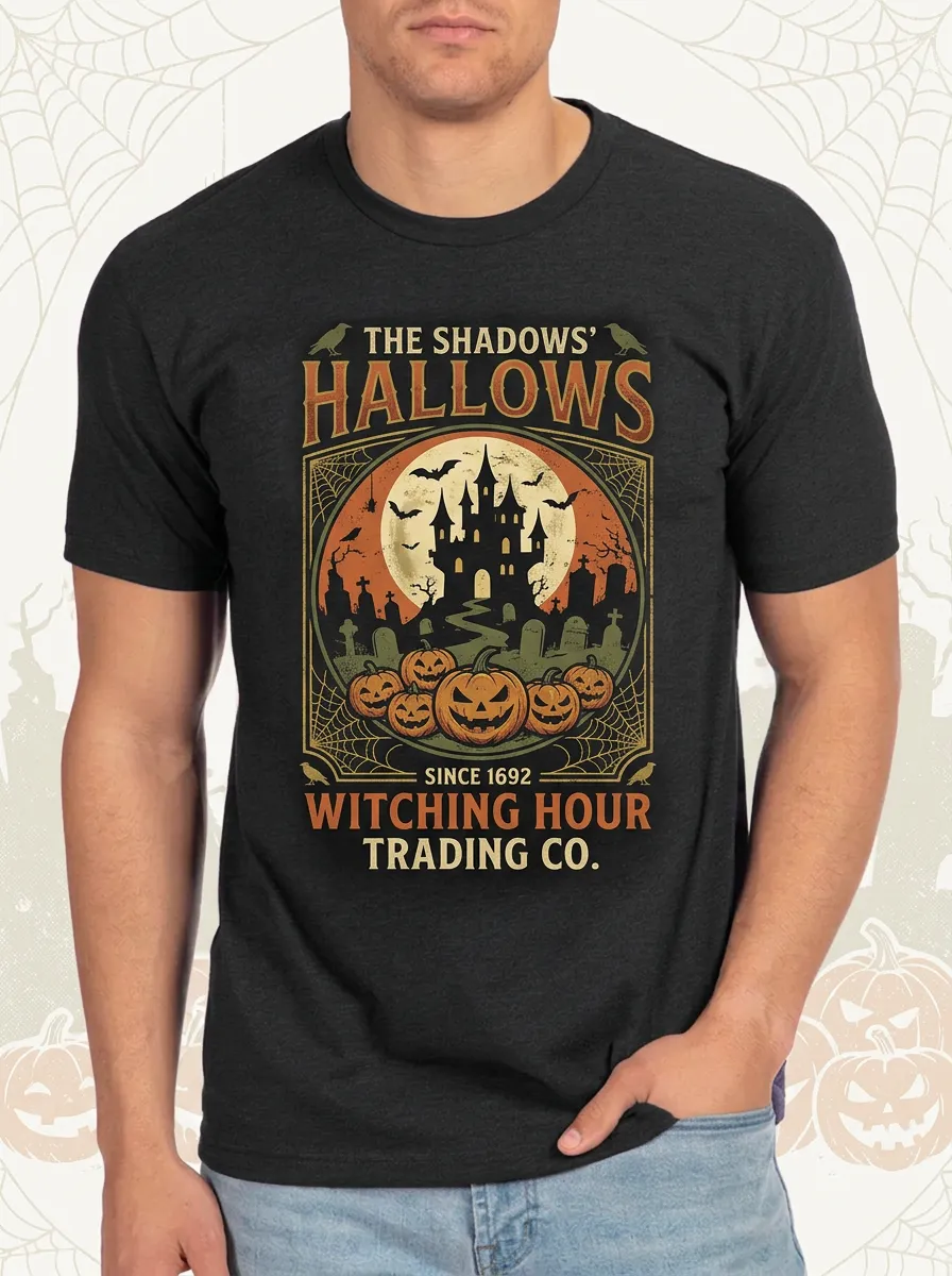 Men's Halloween Witching Hour Haunted Castle Pumpkin Printed T-shirt