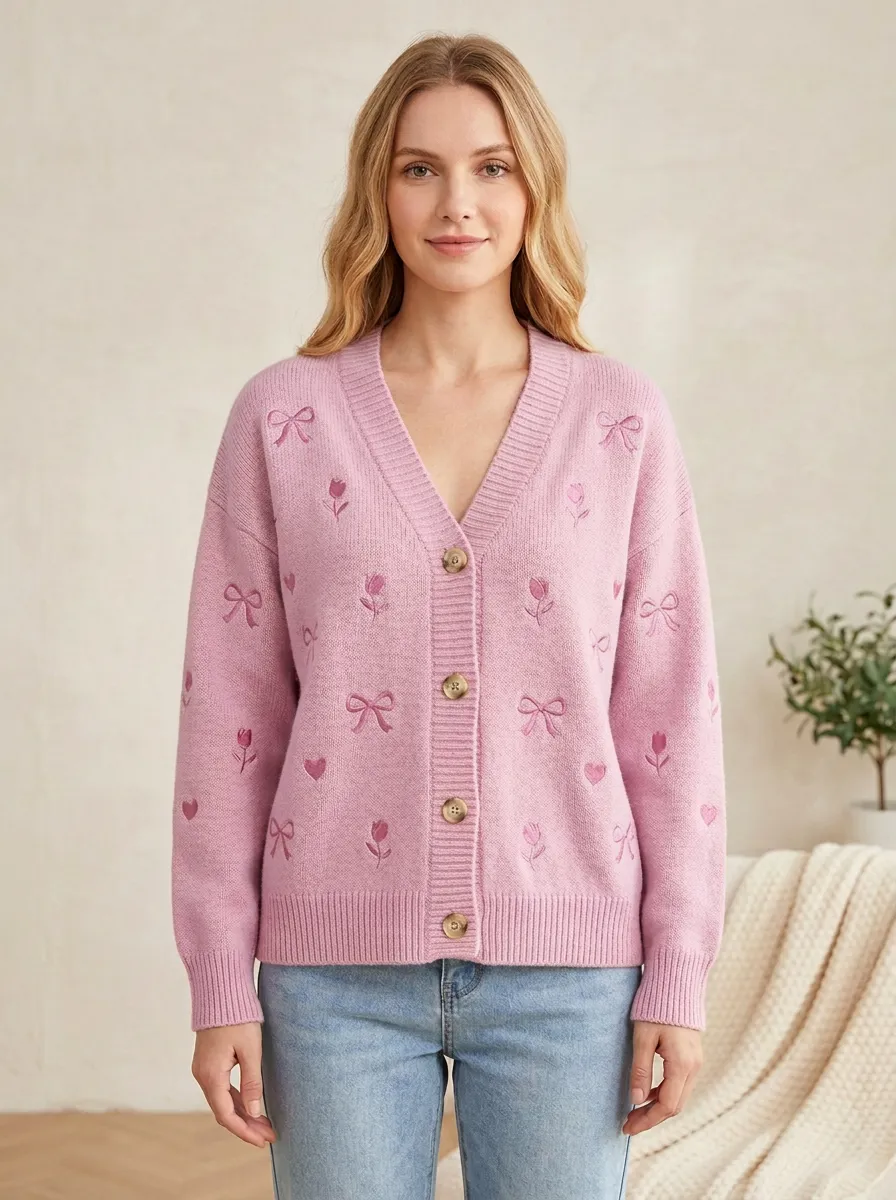 Women's Heart Embroidered Ribbon Bow Printed Cardigan