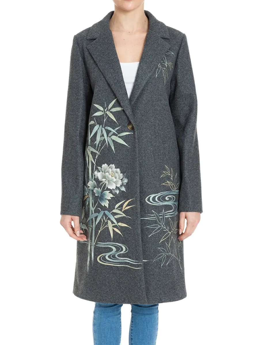 Women's Oriental Floral Bamboo Printed Wool Coat