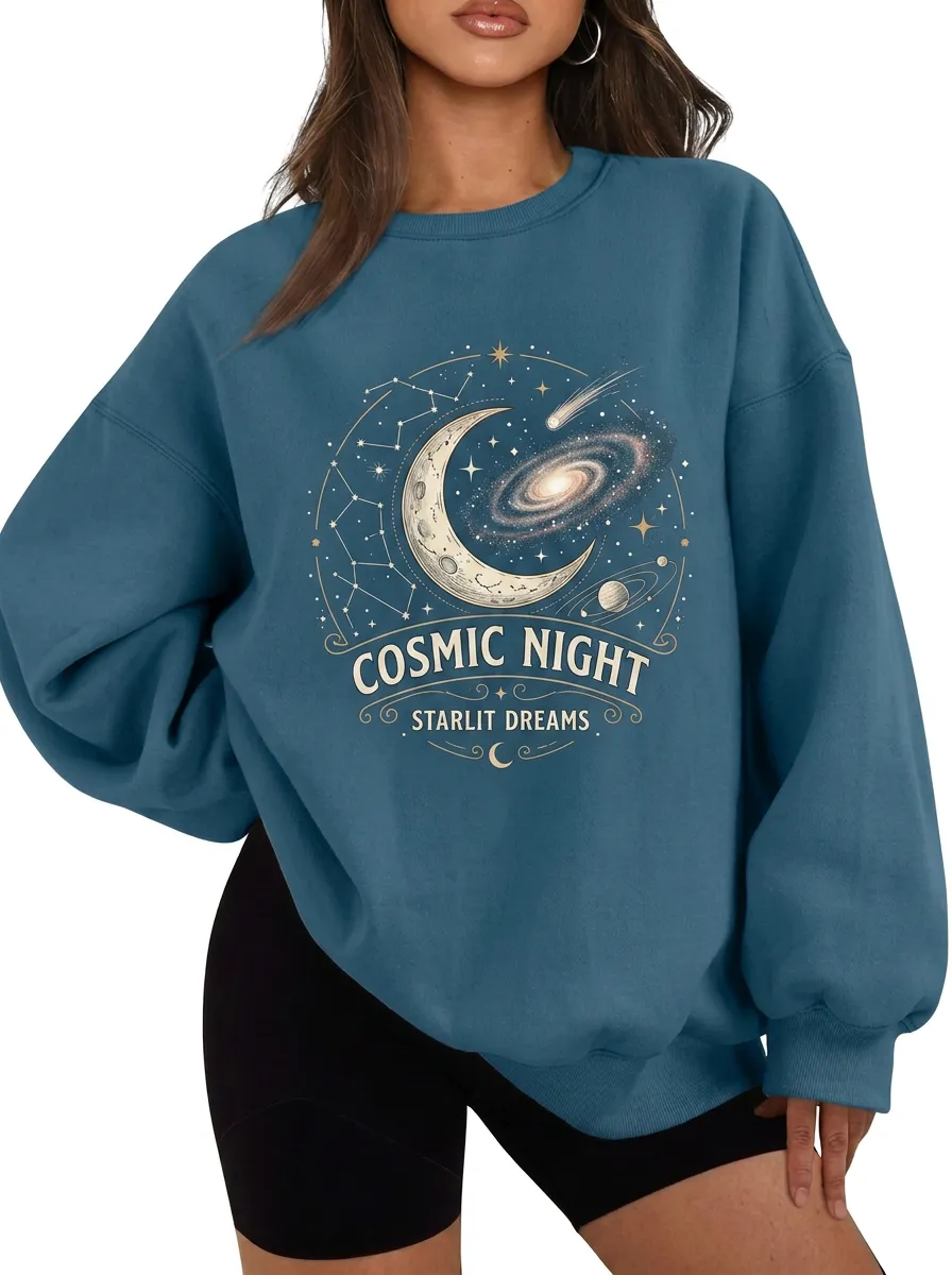 Women's Cosmic Night Galaxy Moon Printed T-shirt