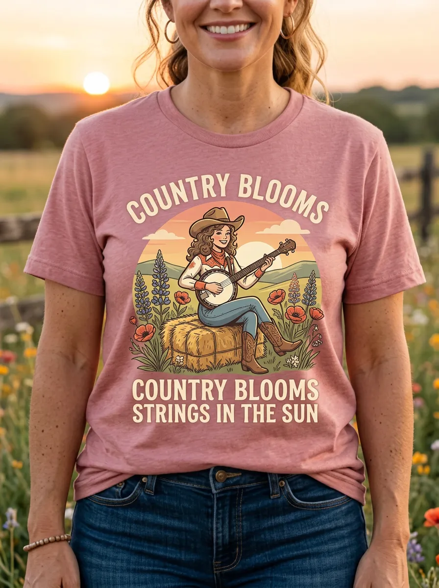 Western-Inspired Country Music Banjo Cowgirl Crew Neck T-Shirt