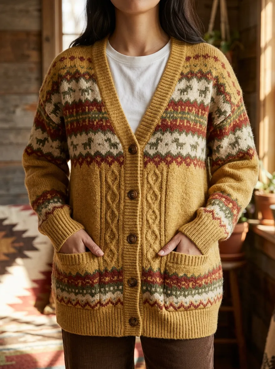 Women's Vintage Fair Isle Pattern Cable Knit Printed Cardigan