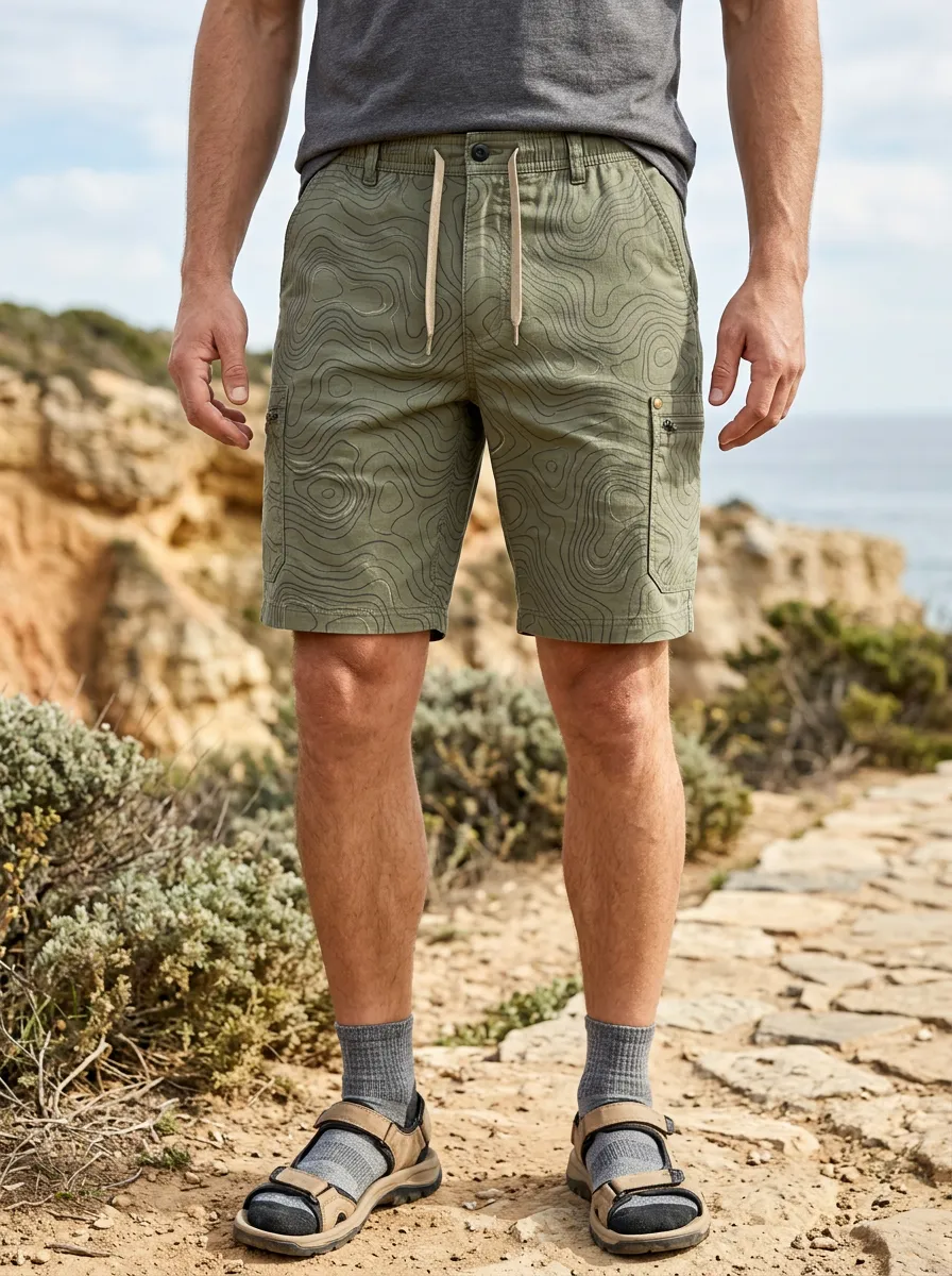 Men's Elastic Waist Outdoor Hiking Topographic Map Cargo Shorts