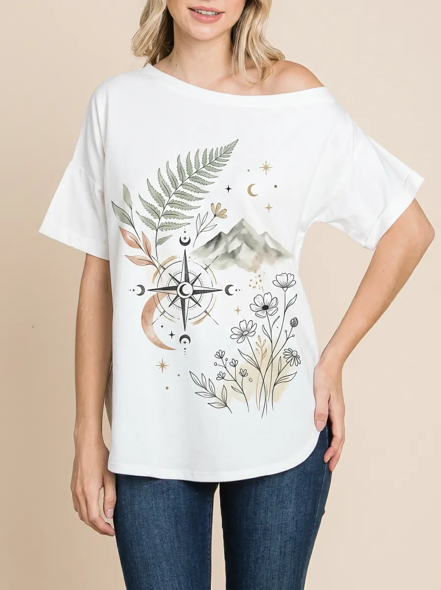 Women's Boho Nature Lover Compass Mountain Floral Printed T-shirt