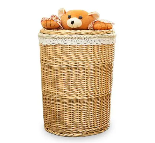 Lidded Woven Wicker Cotton  Laundry Basket