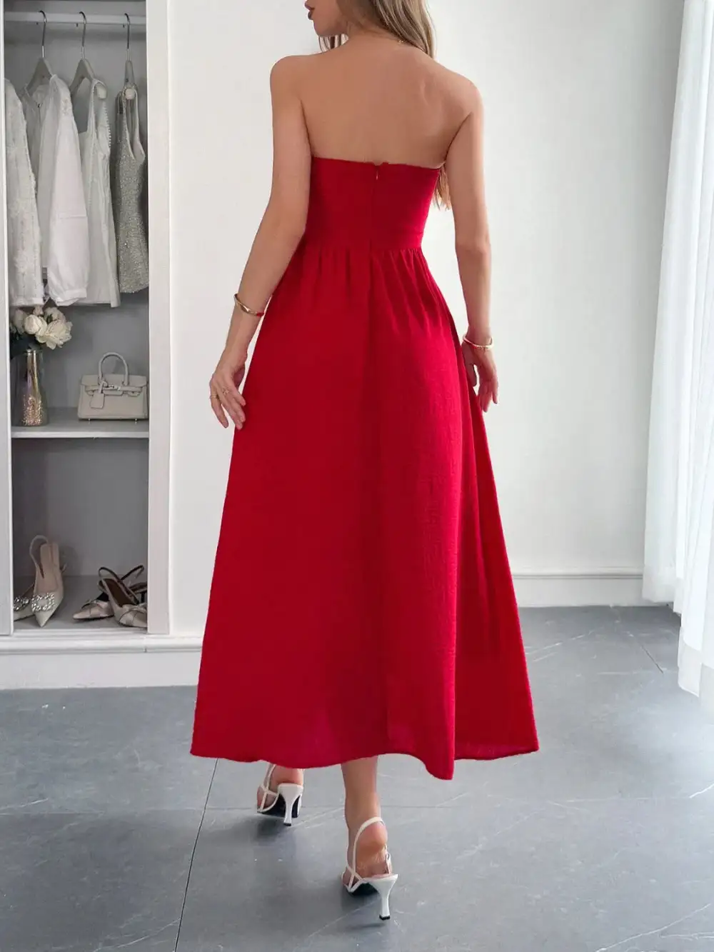 Strapless A-Line Midi Dress With Pockets