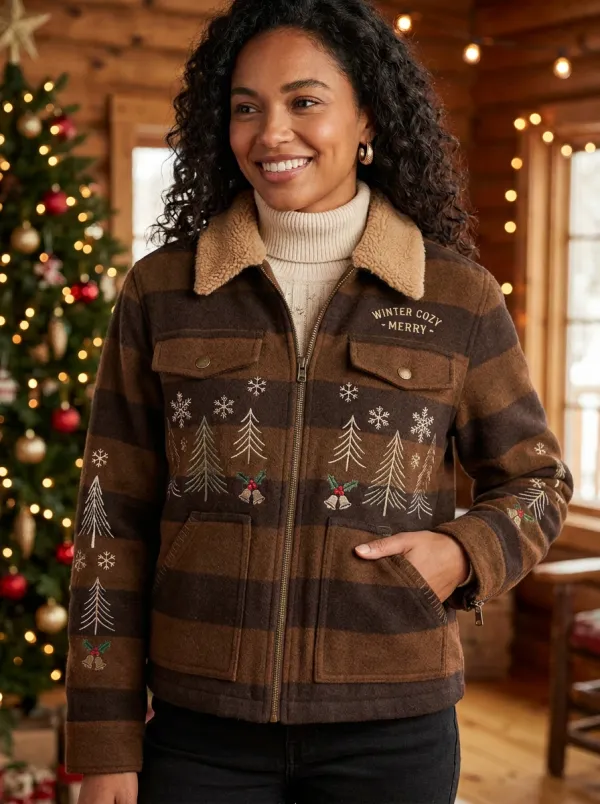 Christmas Holiday Tree Snowflake Embroidered Striped Jacket