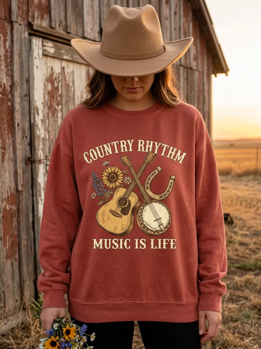Country Music Guitar Banjo Sunflower Crew Neck Sweatshirt