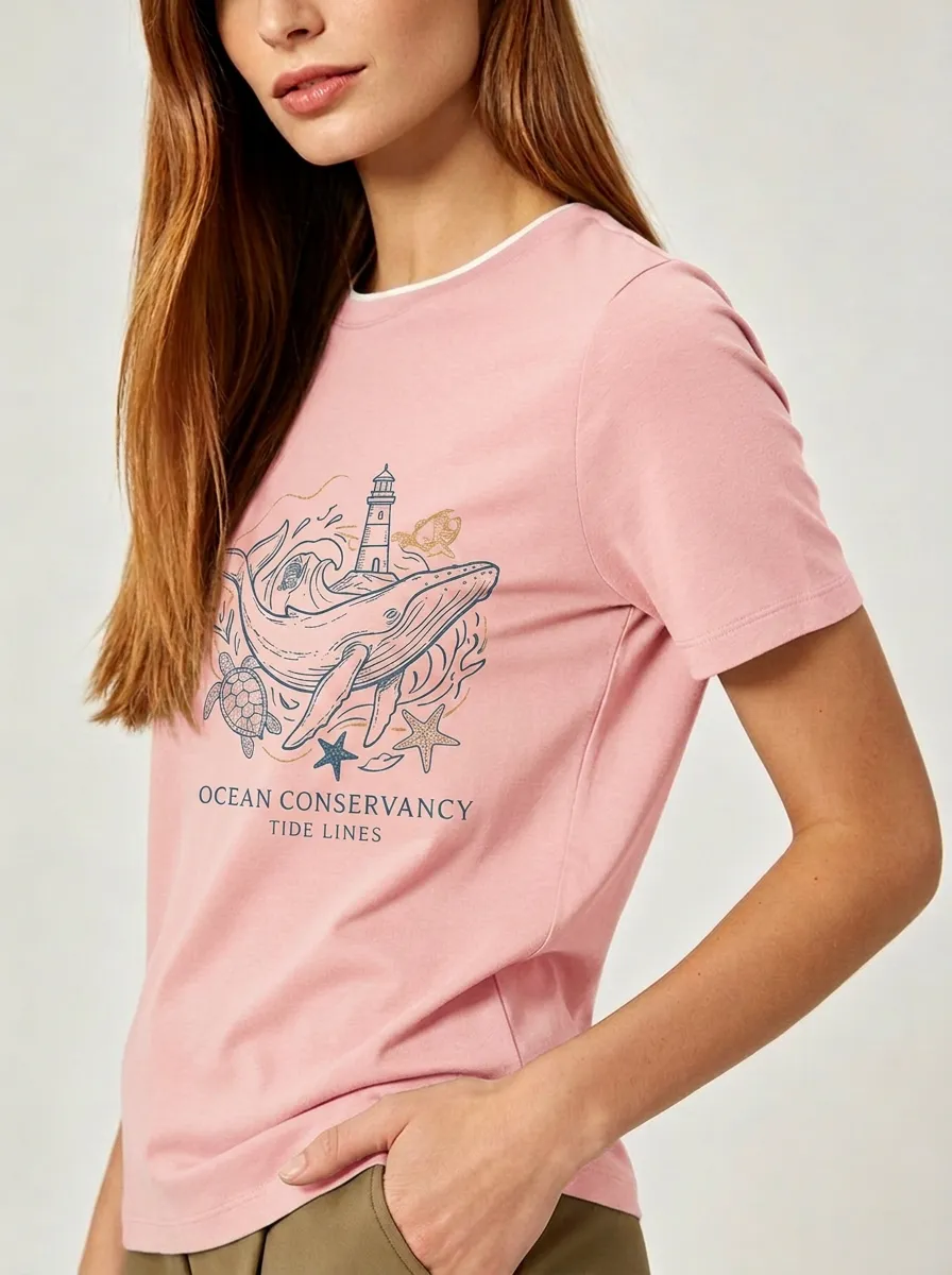 Women's Ocean Lover Whale Lighthouse Printed T-shirt