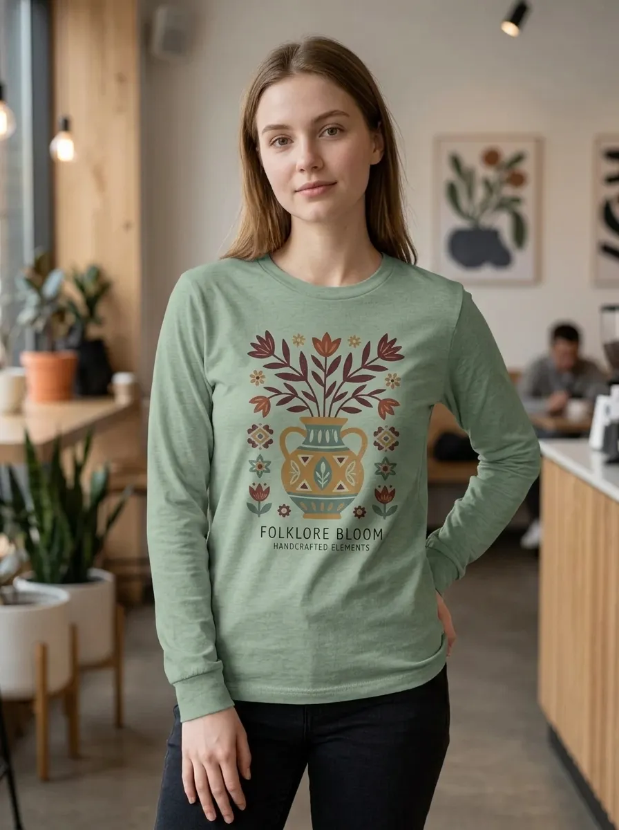 Women's Folklore Floral Vase Folk Art Printed Long Sleeve T-shirt