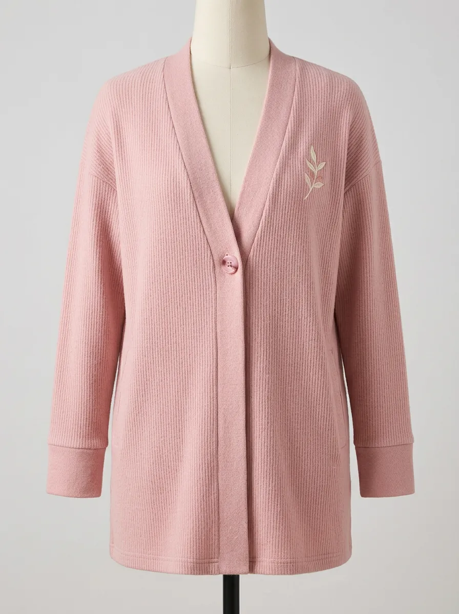 Pink Leaf Minimalist Embroidered Ribbed Cardigan