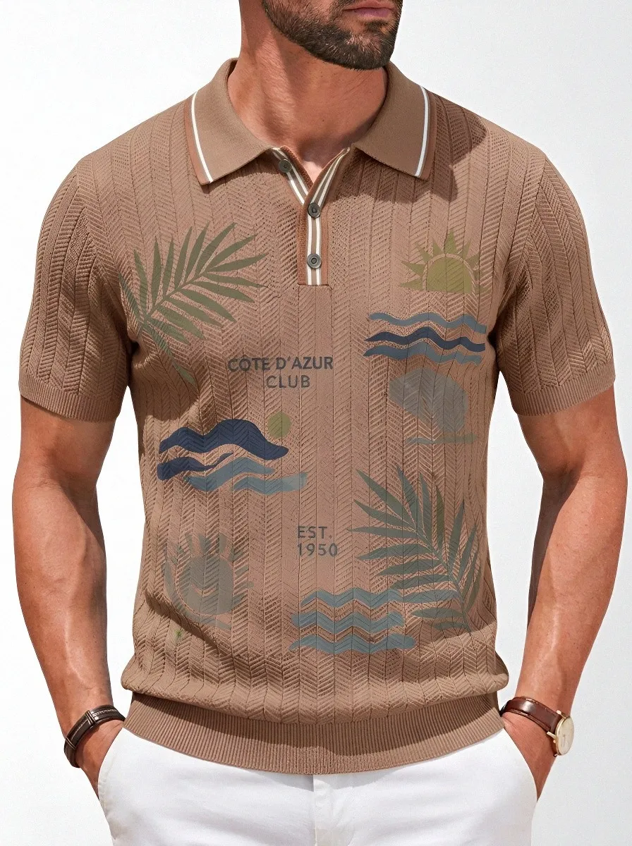 Men's Cote D'Azur Tropical Palm Sun Wave Printed Polo Shirt