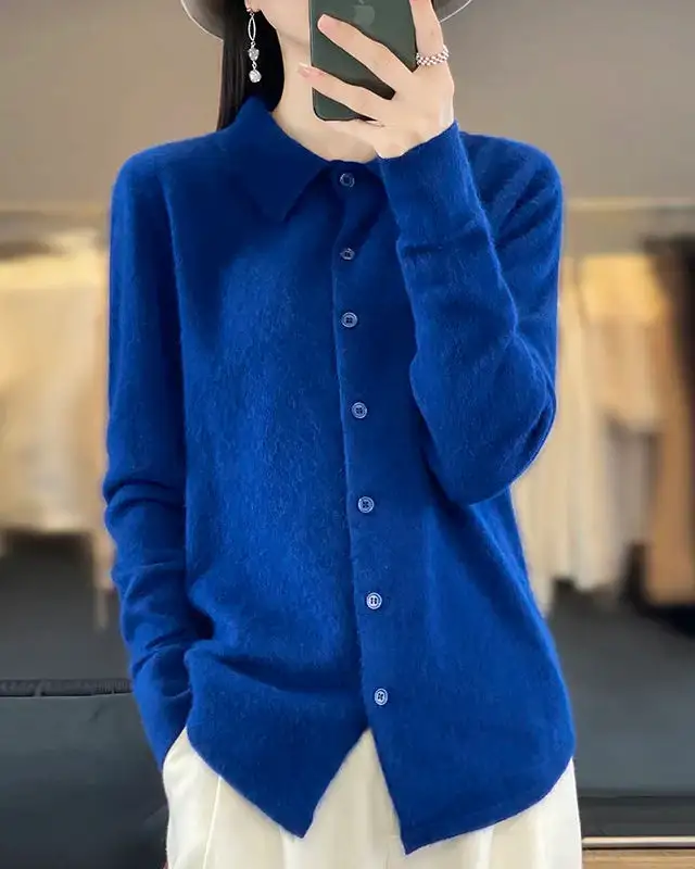 Mink-Cashmere Cashmere Button-Front Polo-Collar Cardigan