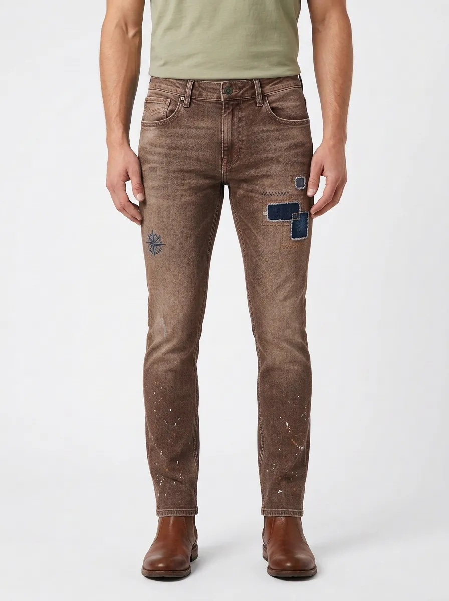 Men's Compass Patchwork Paint-Splatter Graphic Slim-Fit Jeans