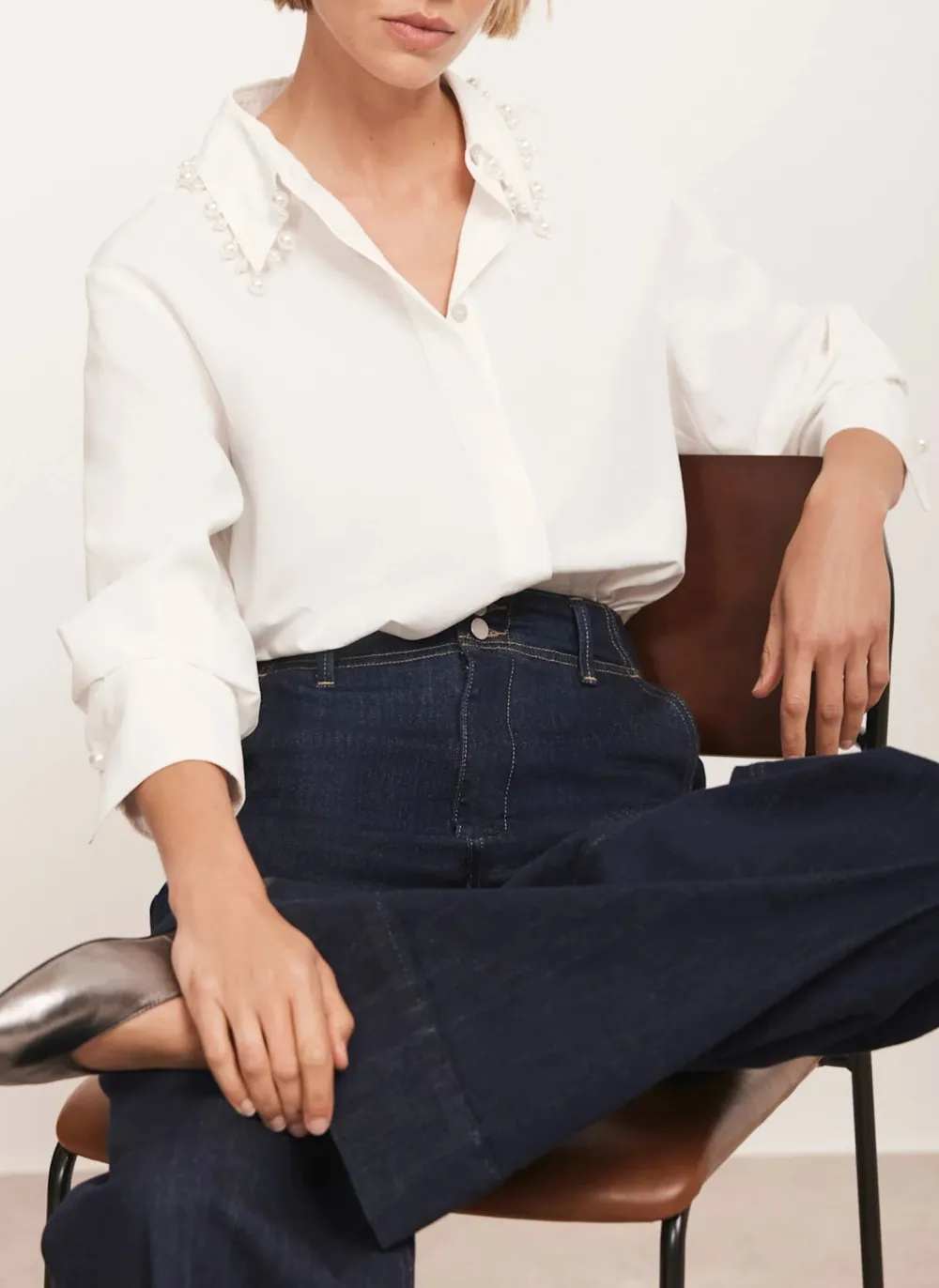 Casual Style Cotton Blend Pearl Collar Shirt
