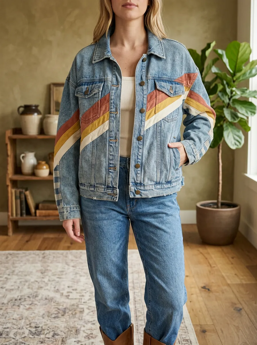 Women's Casual Retro Vintage Striped Botanical Jacket